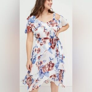 Lane Bryant Floral Ruffle Dress Plus Size 24 Marron Blue Cold Shoulder S…